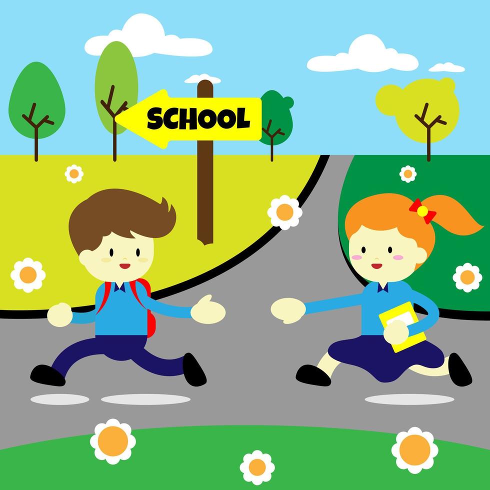 tillbaka till skolan. en pojke och en flicka springer till skolan. lämplig för skolevenemang vektor