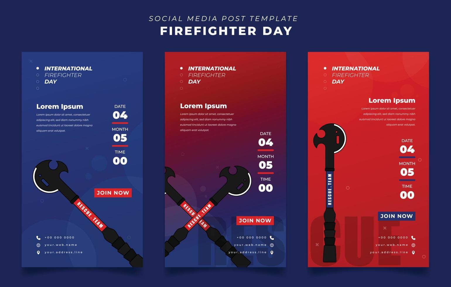 uppsättning av inläggsmall för sociala medier med yxdesign för brandmansdagen i porträttbakgrund vektor