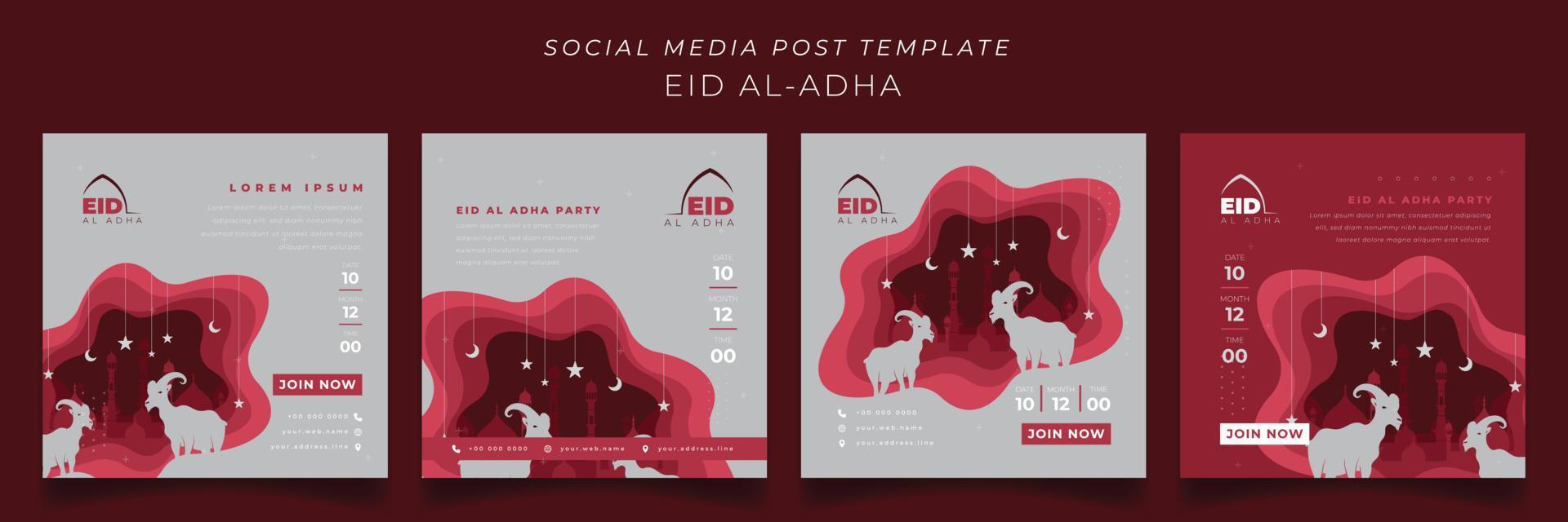Satz von Social-Media-Vorlagen für den islamischen Feiertag Eid al Adha mit rotem Papierschnitt-Hintergrunddesign vektor