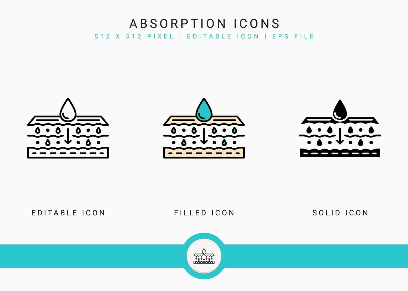 absorption ikoner som vektor illustration med solid ikon linje stil. droppe vatten emulsion koncept. redigerbar strokeikon på isolerad bakgrund för webbdesign, infographic och ui-mobilapp.