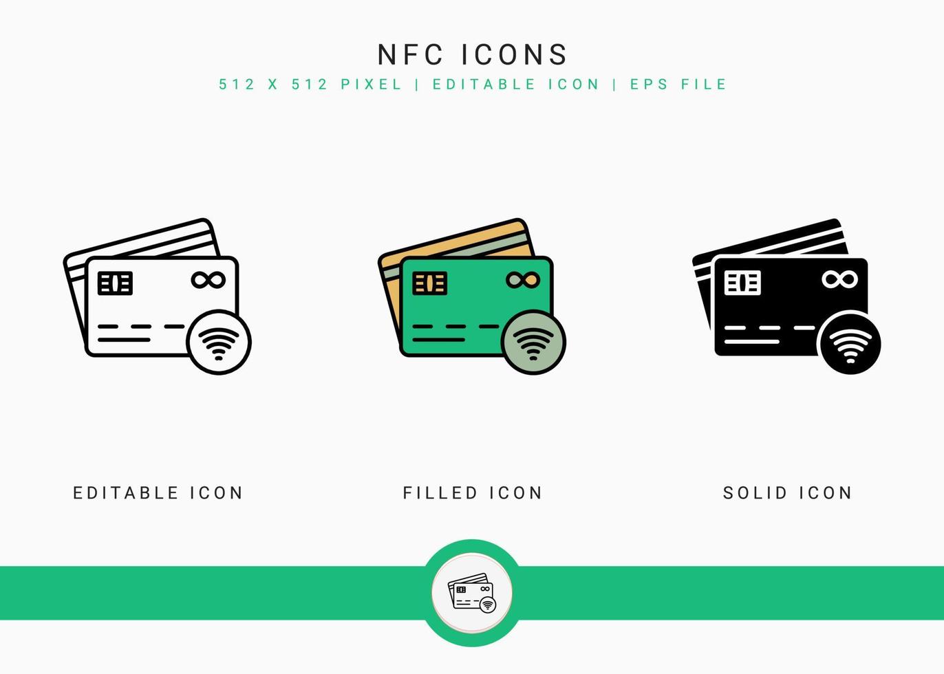 nfc ikoner set vektor illustration med solid ikon linje stil. trådlöst betalningskoncept. redigerbar streckikon på isolerad bakgrund för webbdesign, användargränssnitt och mobilapplikation