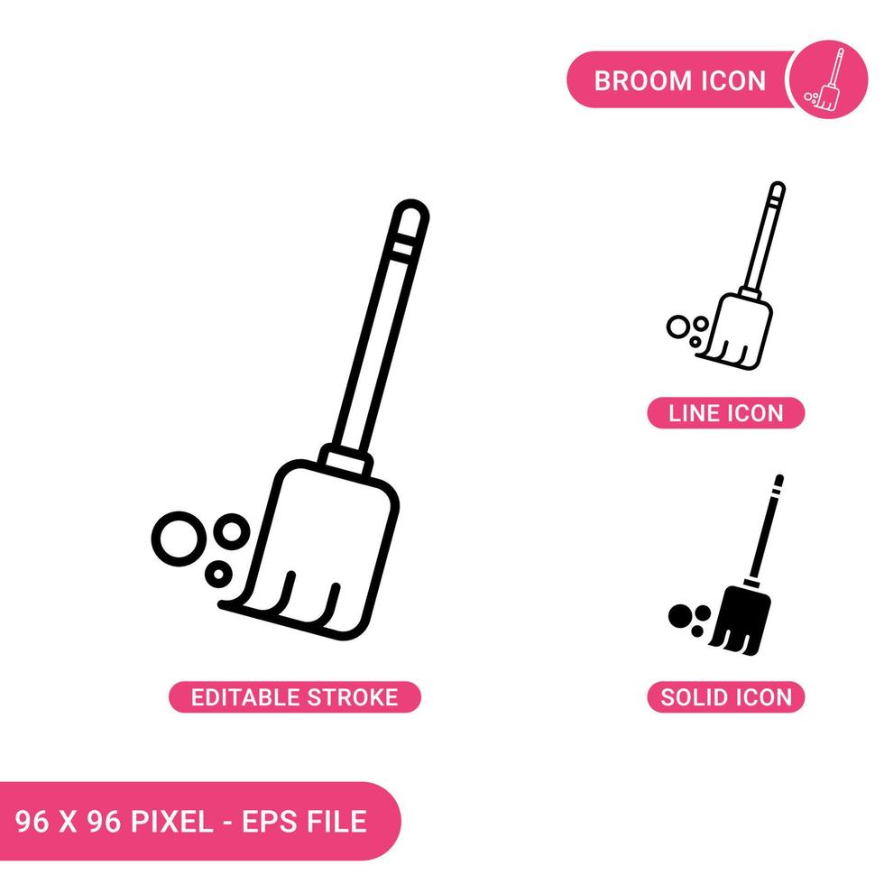 Besensymbole setzen Vektorillustration mit solidem Symbollinienstil. aufgeräumtes Besenkonzept. editierbares Strichsymbol auf isoliertem Hintergrund für Webdesign, Infografik und ui mobile App. vektor