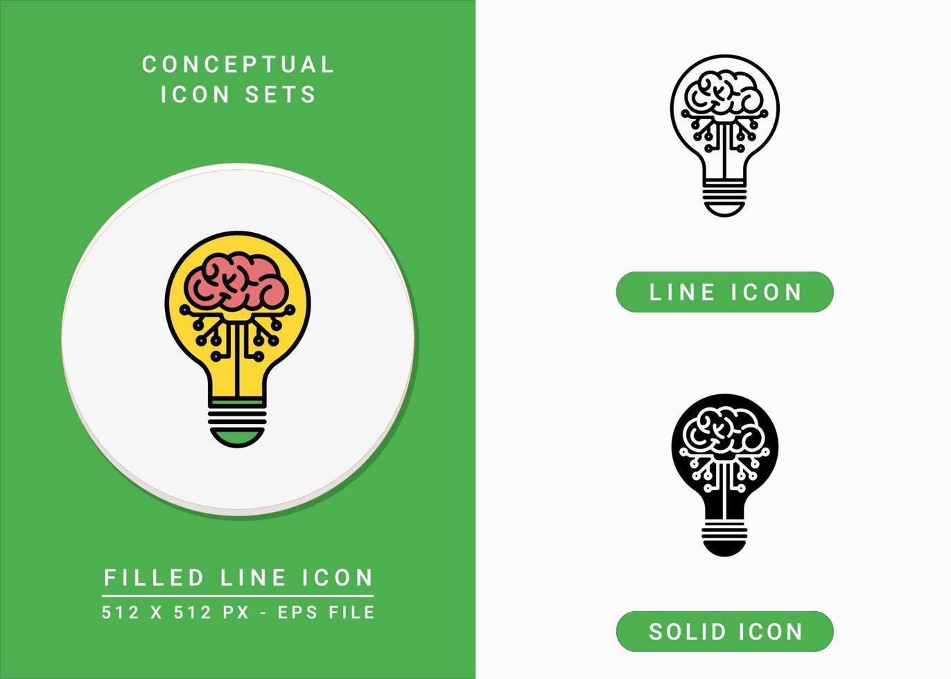 konceptuella ikoner som vektor illustration med solid ikon linje stil. chip hjärna inuti glödlampa symbol. redigerbar streckikon på isolerad bakgrund för webbdesign, användargränssnitt och mobilapp