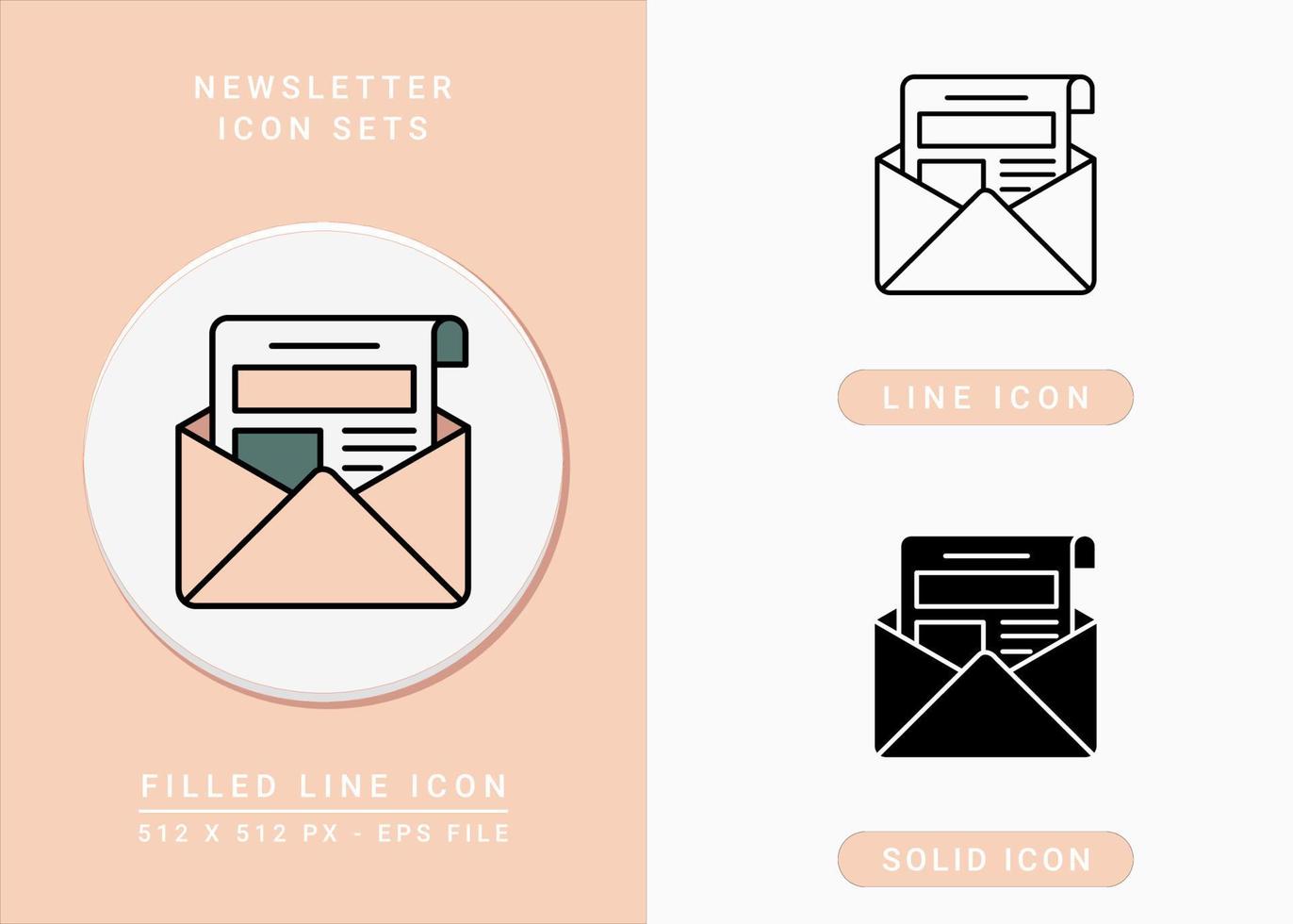 Newsletter-Symbole setzen Vektorillustration mit solidem Symbollinienstil. Nachrichten- und E-Mail-Konzept. editierbares Strichsymbol auf isoliertem Hintergrund für Webdesign, Infografik und ui mobile App. vektor