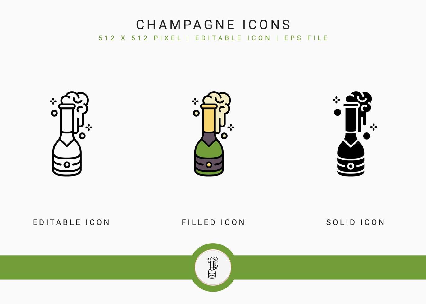 champagne ikoner som vektor illustration med solid ikon linje stil. läsk bubbla brusande koncept. redigerbar strokeikon på isolerad bakgrund för webbdesign, infographic och ui-mobilapp.