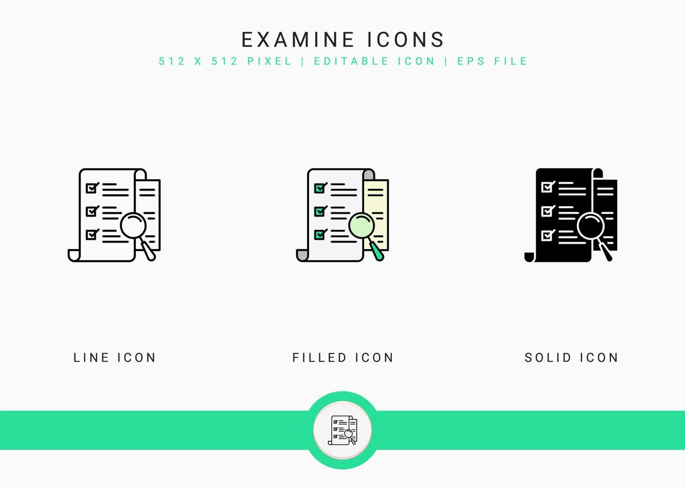 Untersuchen Sie Symbole, die Vektorillustration mit solidem Symbollinienstil festlegen. konzept zur prüfung der kundenzufriedenheit. editierbares Strichsymbol auf isoliertem Hintergrund für Webdesign, Infografik und ui mobile App. vektor