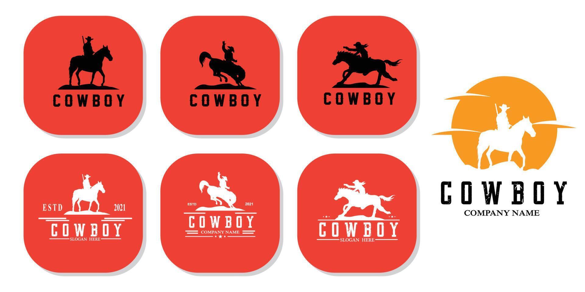 cowboy man rider häst kraftfullt siluett vid solnedgången, ikon logotyp design vektor