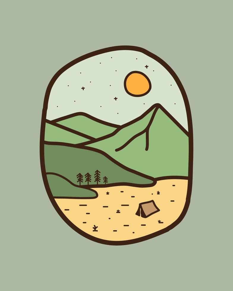 Illustration von Bergen und Campingzelten für T-Shirt-Designs, Pins, Abzeichen, Kunst, Designvektoren, unregelmäßige Quadrate vektor
