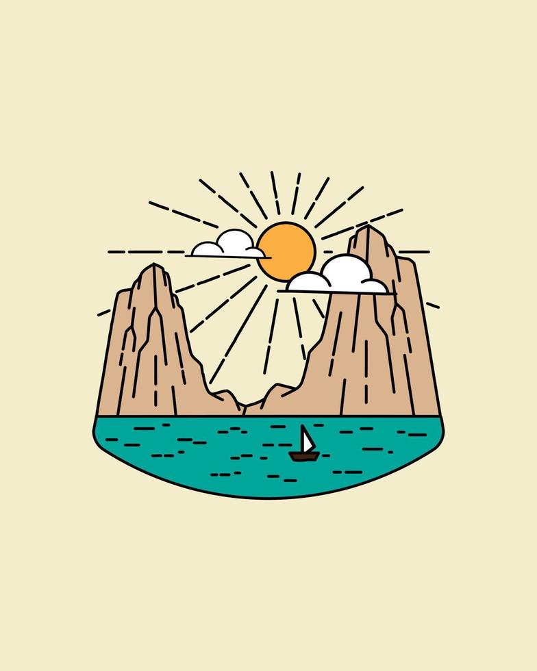 Landschaftsillustration von Zwillingshügel und Meer in Monolinienkunst, abstrakte Vektorillustration, T-Shirt-Kunst, Designvektor vektor