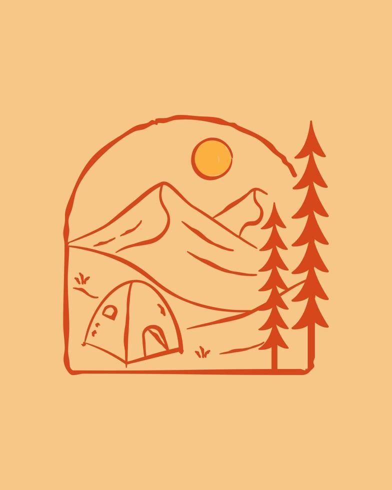 Camping- und Bergblick in Mono-Line-Art-Vektor, Abzeichen-Illustration, T-Shirt-Design, T-Shirt-Design vektor