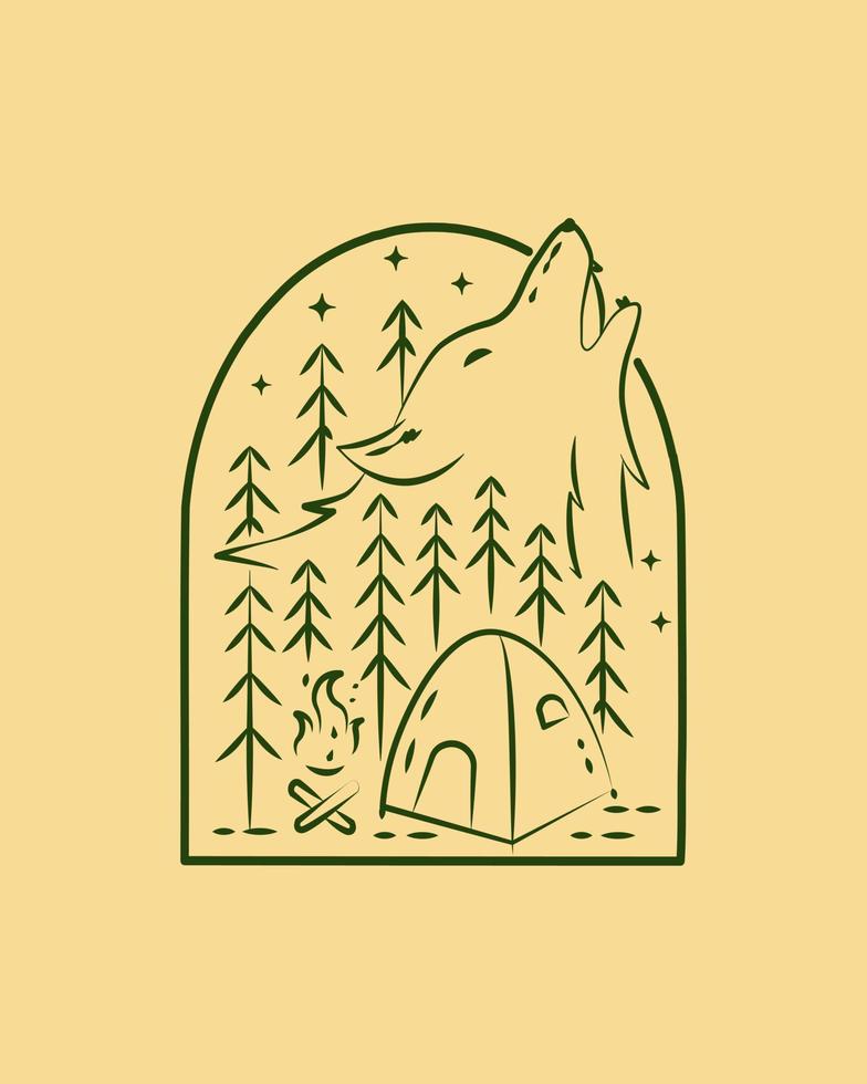 campingplats och wolf illustration badge vektor, mono line art vektor, t-shirt tee design vektor