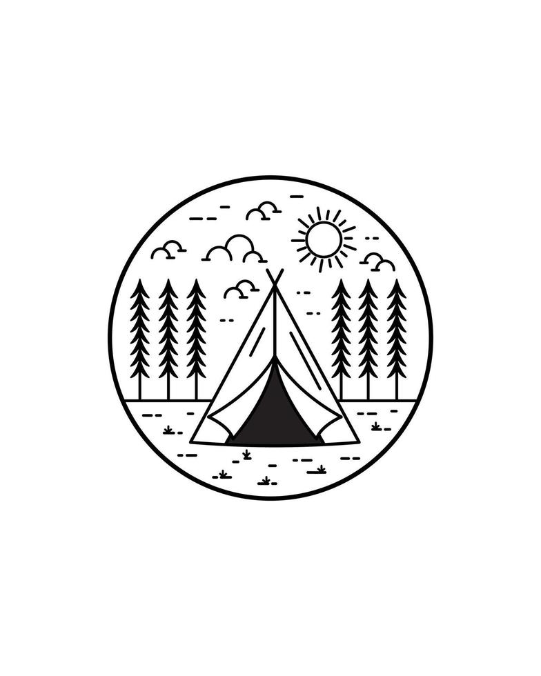 Camping Zelte und Bäume wilde Linie Abzeichen Patch Pin grafische Illustration Vektorkunst T-Shirt-Design vektor