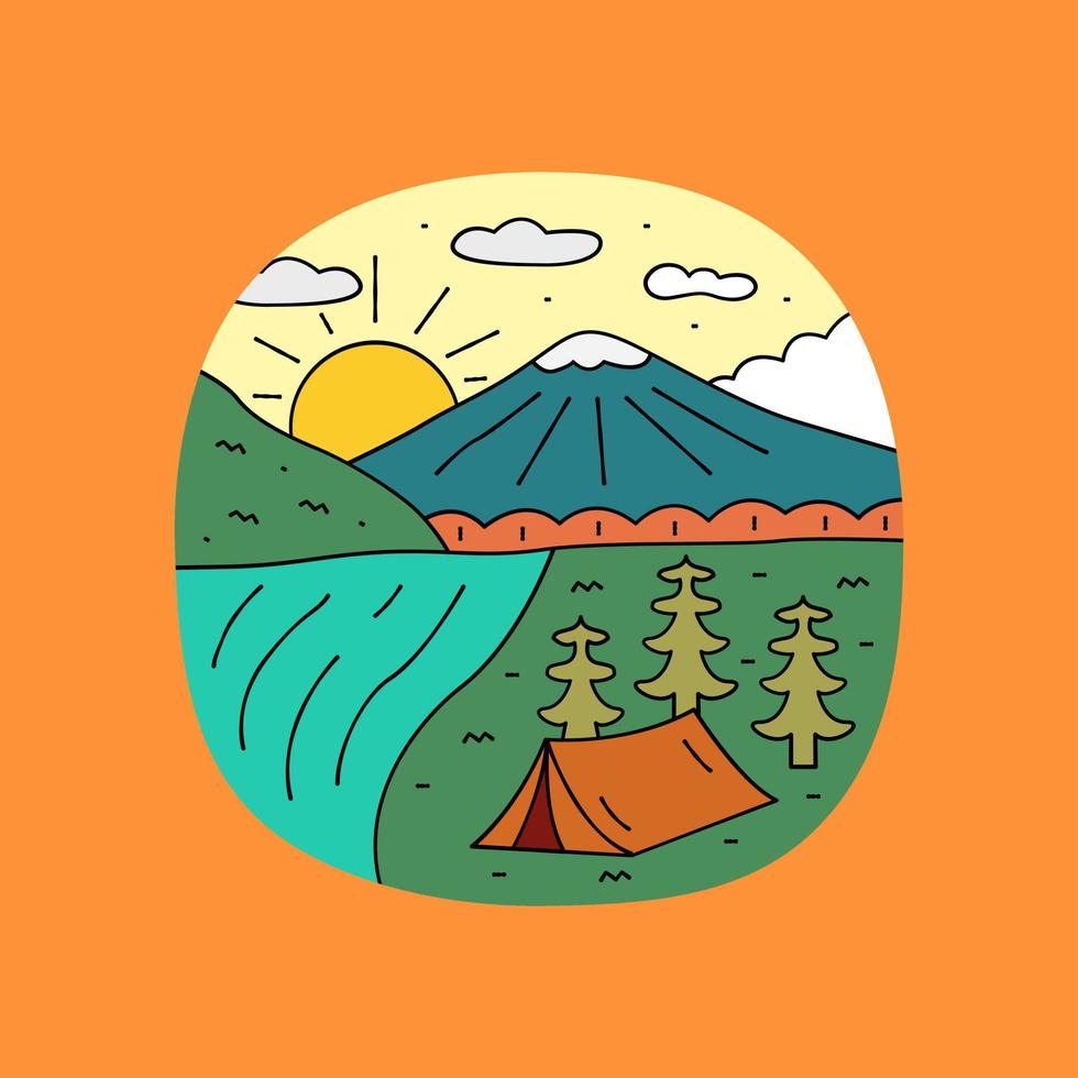 Design des Sees und des Berges des Naturcamps für Abzeichen-Patch-Emblem-Grafik-Vektorkunst-T-Shirt-Design vektor