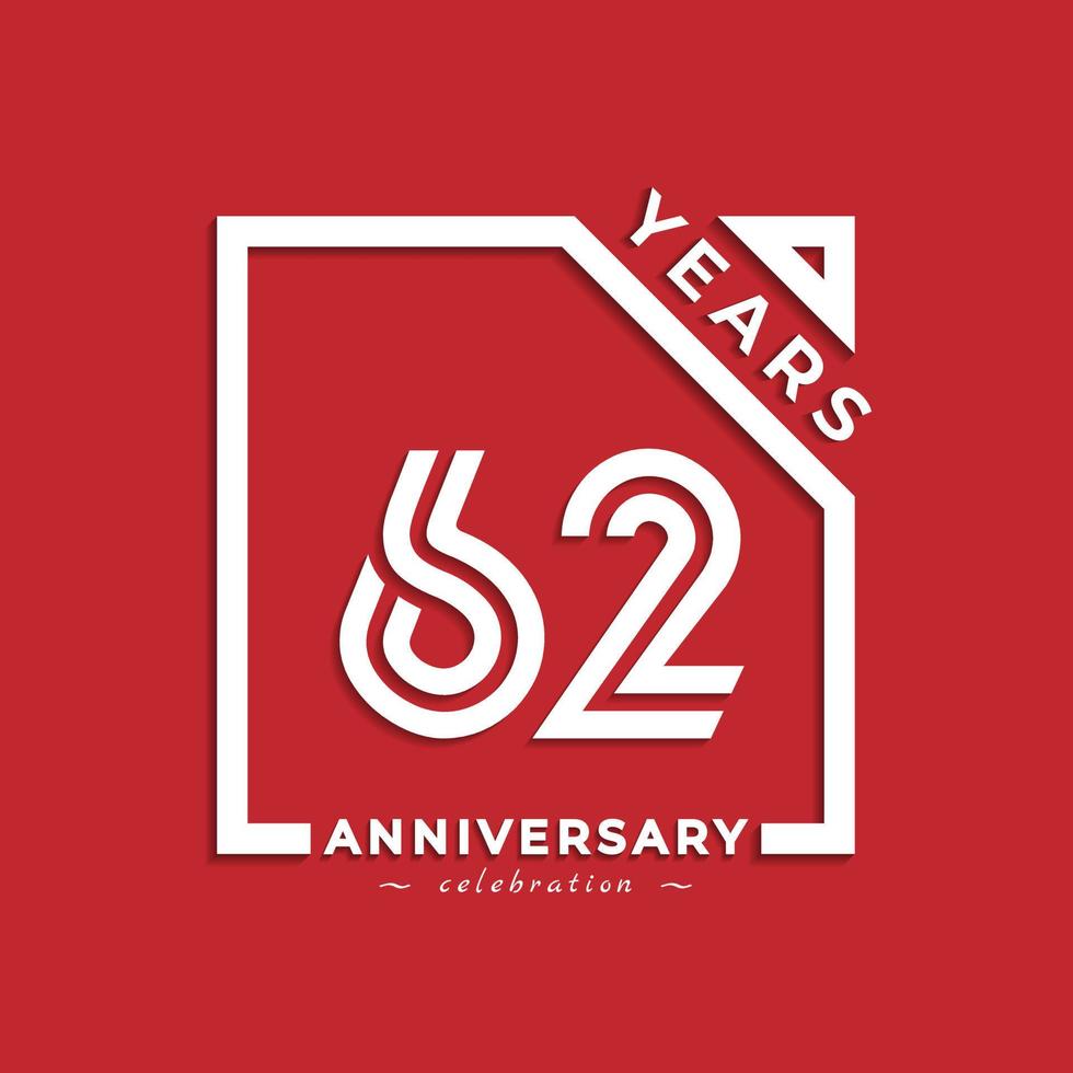 62-jähriges Jubiläum Logodesign mit verknüpfter Zahl im Quadrat isoliert auf rotem Hintergrund. glücklicher jubiläumsgruß feiert ereignisdesignillustration vektor