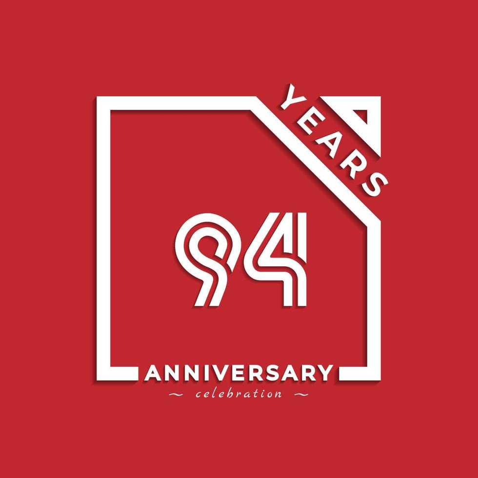 94-jähriges Jubiläumsfeier Logo-Design mit verknüpfter Zahl im Quadrat isoliert auf rotem Hintergrund. glücklicher jubiläumsgruß feiert ereignisdesignillustration vektor