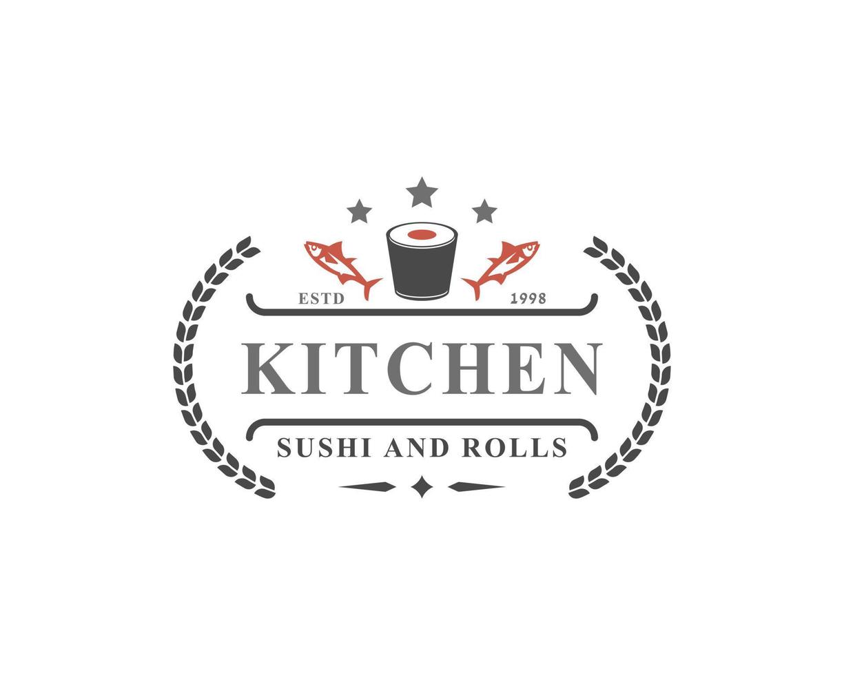 Vintage Retro-Abzeichen Sushi-Restaurant-Logos japanisches Essen mit Sushi-Lachs-Rollen-Silhouetten vektor