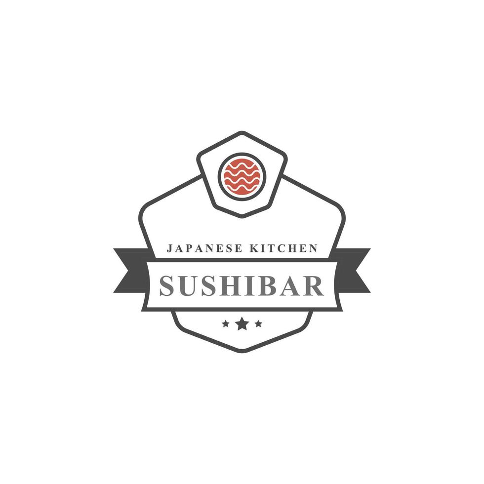 Vintage Retro-Abzeichen Sushi-Restaurant-Logos japanisches Essen mit Sushi-Lachs-Rollen-Silhouetten vektor