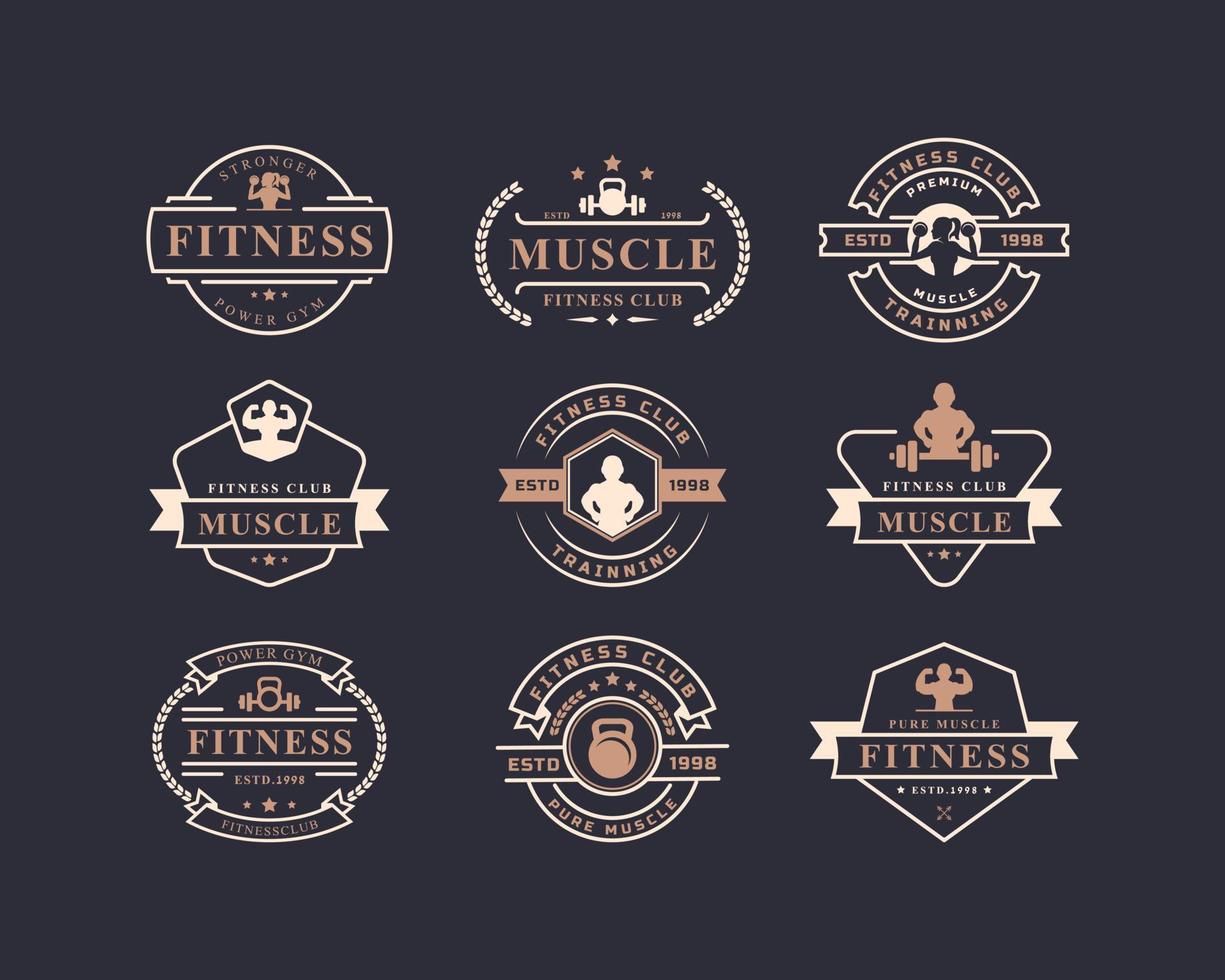 uppsättning vintage retro badge fitnesscenter och sport gym logotyper typografiska med sport utrustning tecken och silhuetter vektor