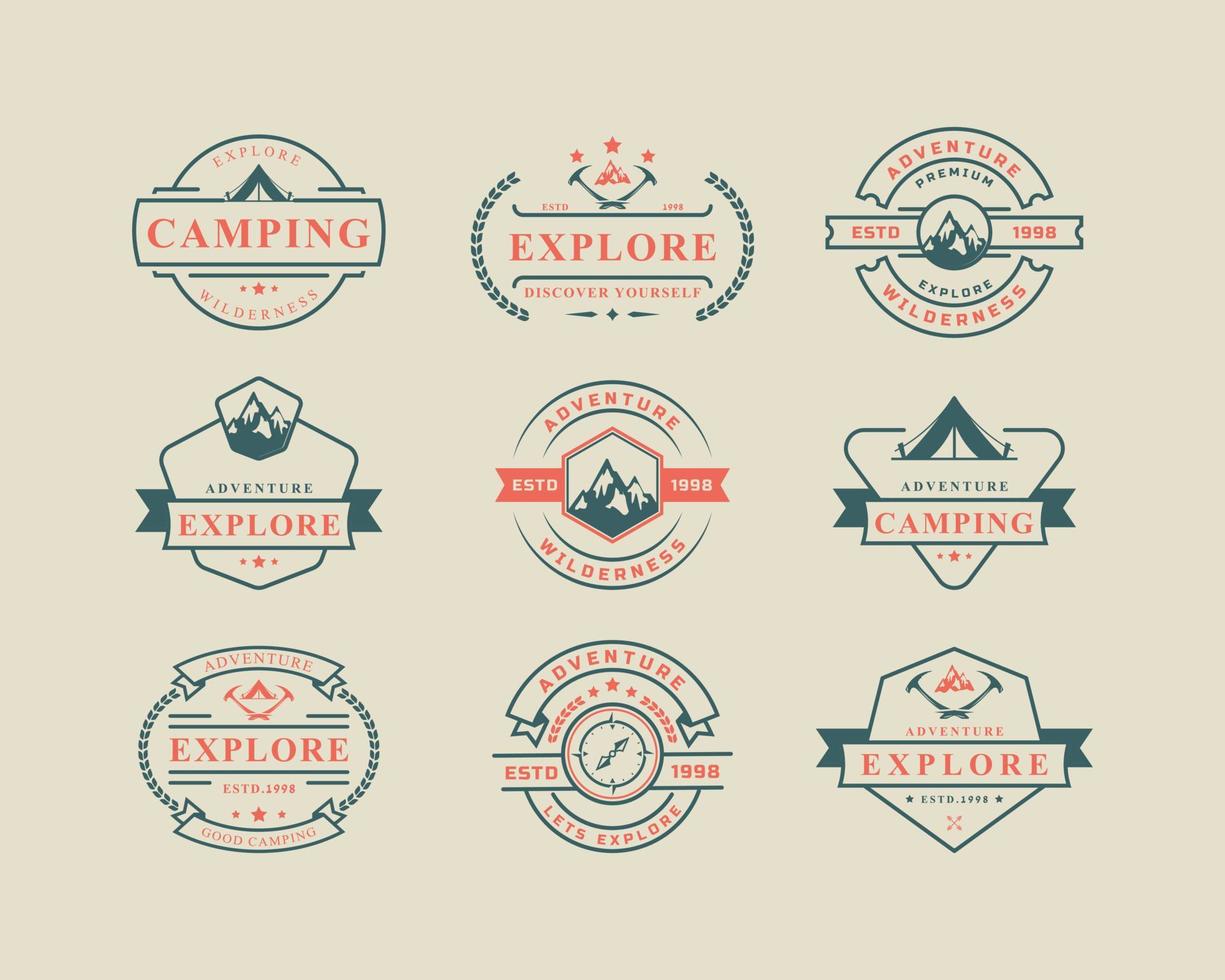 vintage retro märke camping och utomhusäventyr typografi logotyp vektor design inspirationsuppsättning vintage retro märke camping och utomhusäventyr typografi logotyp vektor design inspiration