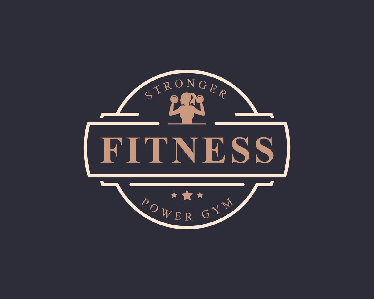 Vintage-Retro-Abzeichen Fitness-Center und Sport-Fitness-Logos typografisch mit Schildern und Silhouetten von Sportgeräten vektor