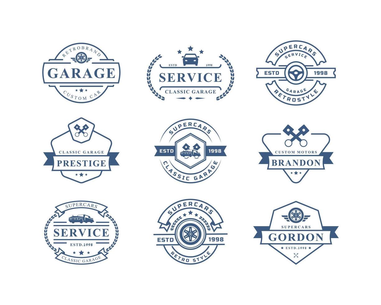Satz von Vintage-Retro-Abzeichen-Auto-Logo-Emblem. Oldtimer-Reparaturen, Reifenservice-Silhouetten vektor