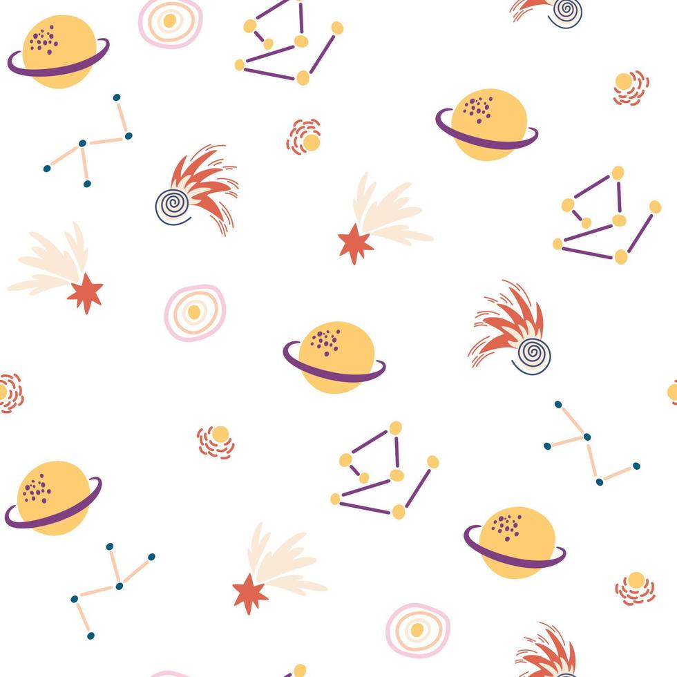 utrymme seamless mönster. kosmisk. bakgrund med tecknade planeter och stjärnor. perfekt för barndesign, tapeter, textil och tryck. vektor hand rita illustration