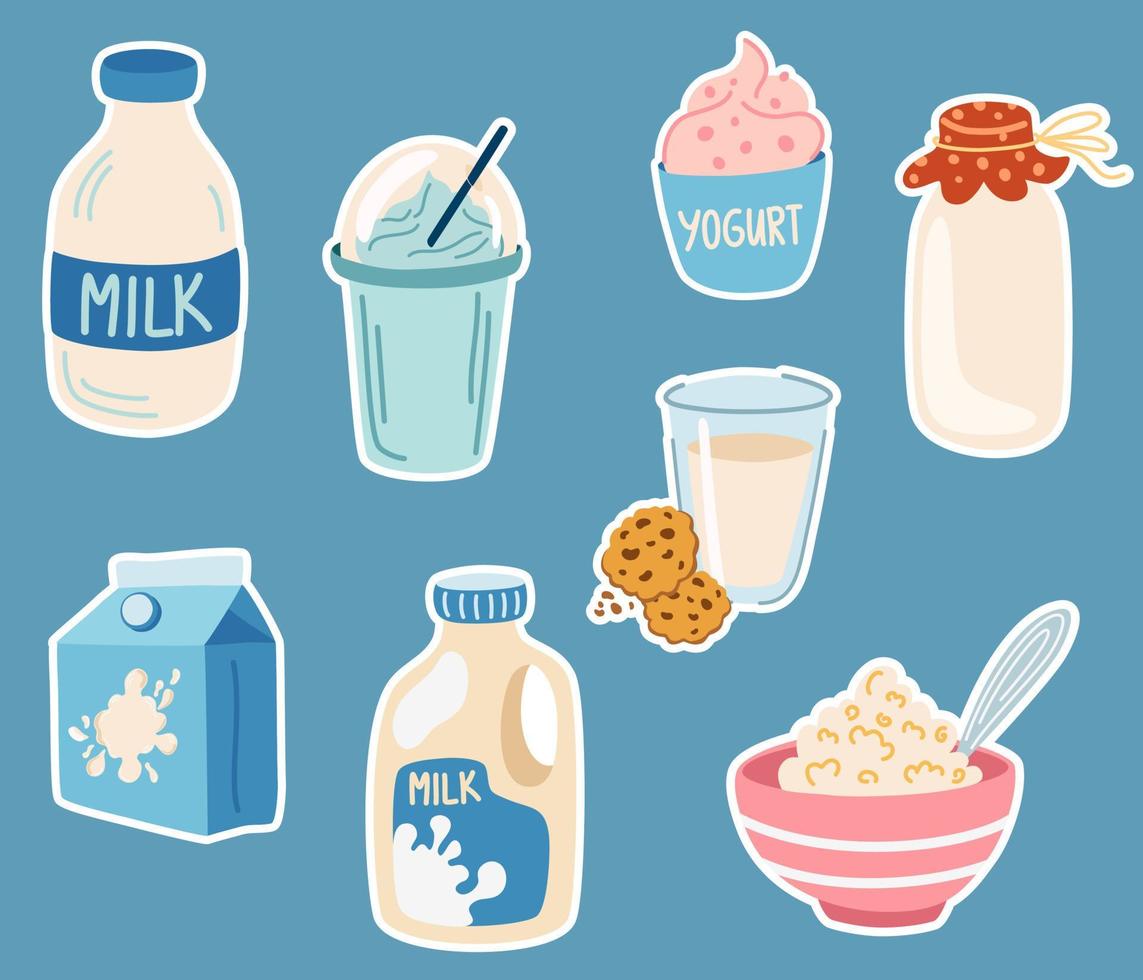 Milch Aufkleber. Milchprodukte, Sahne, Joghurt, Hüttenkäse und Milch. perfekt für Druck, Restaurant, Postkarten und Speisekarten. Cartoon-Vektor-Illustration isoliert. vektor