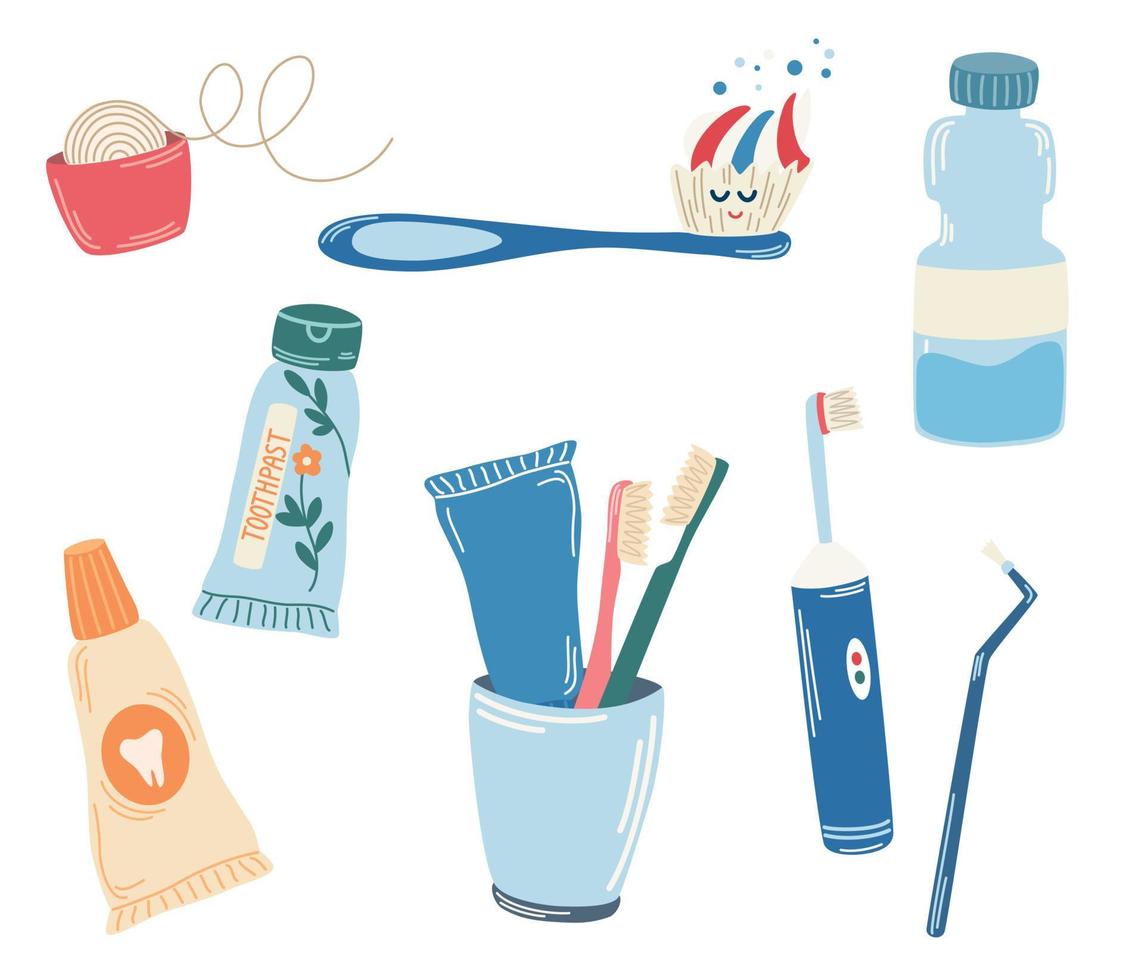 Werkzeuge für die Zahnpflege. Zahnbürste, Zahnpasta, Zahnseide, elektrische Zahnbürste. Produkt zur Zahnreinigung. abstraktes konzept der zahn- und mundpflege. Vektor-Cartoon-Illustration vektor