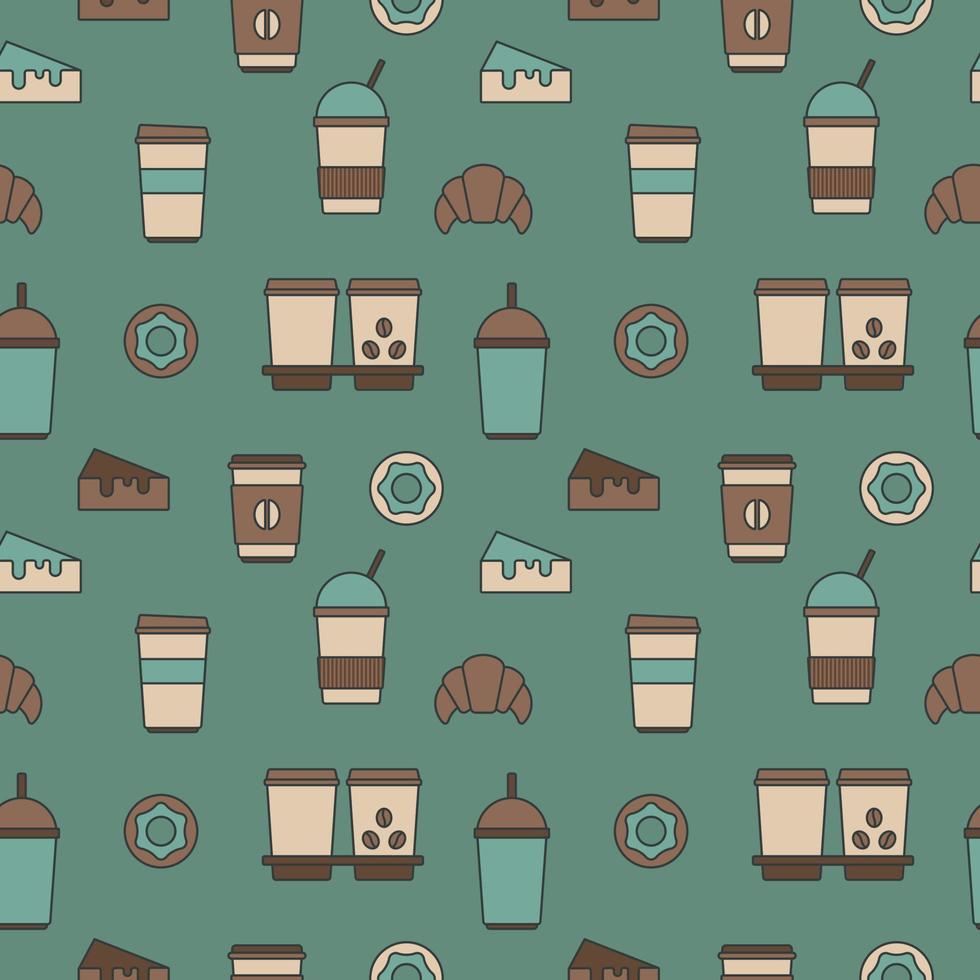 Nahtlose Textur aus Kaffeetassen, Donuts und Croissants, Muster, abstrakter Hintergrund, Tapete vektor