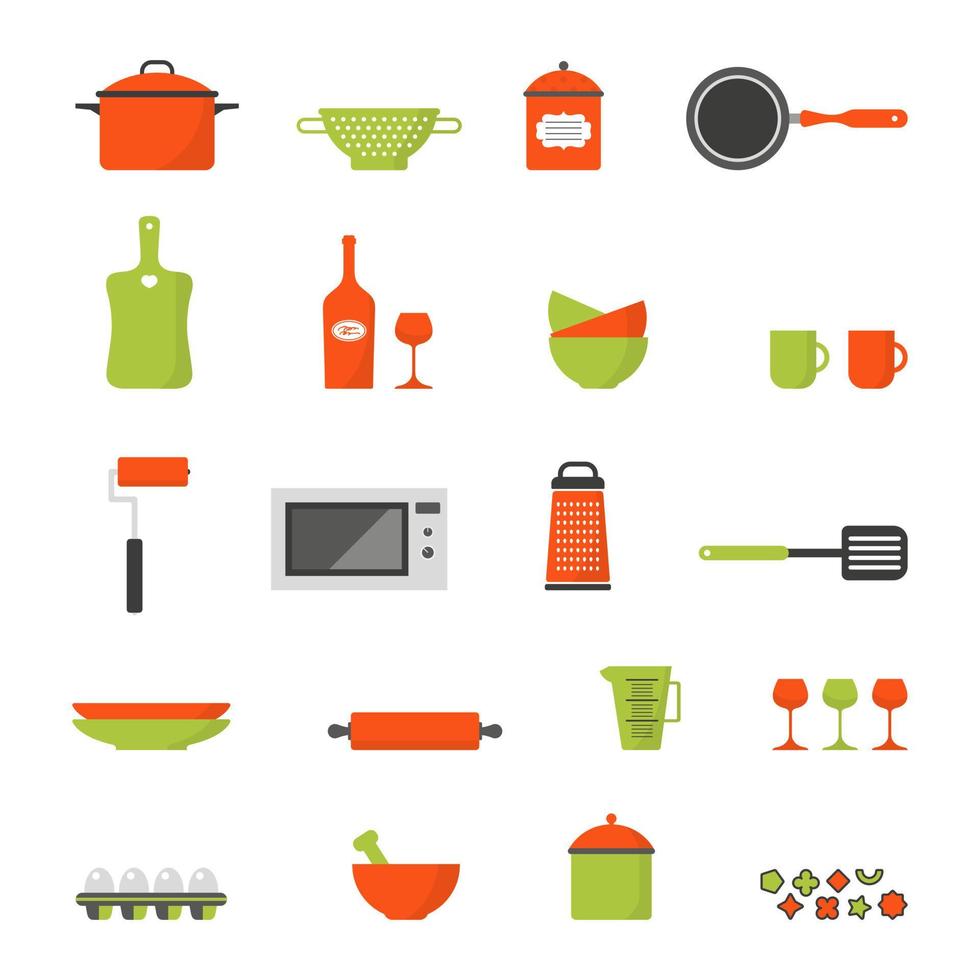 vektor uppsättning platta ikoner av redskap, köksutrustning, matlagning