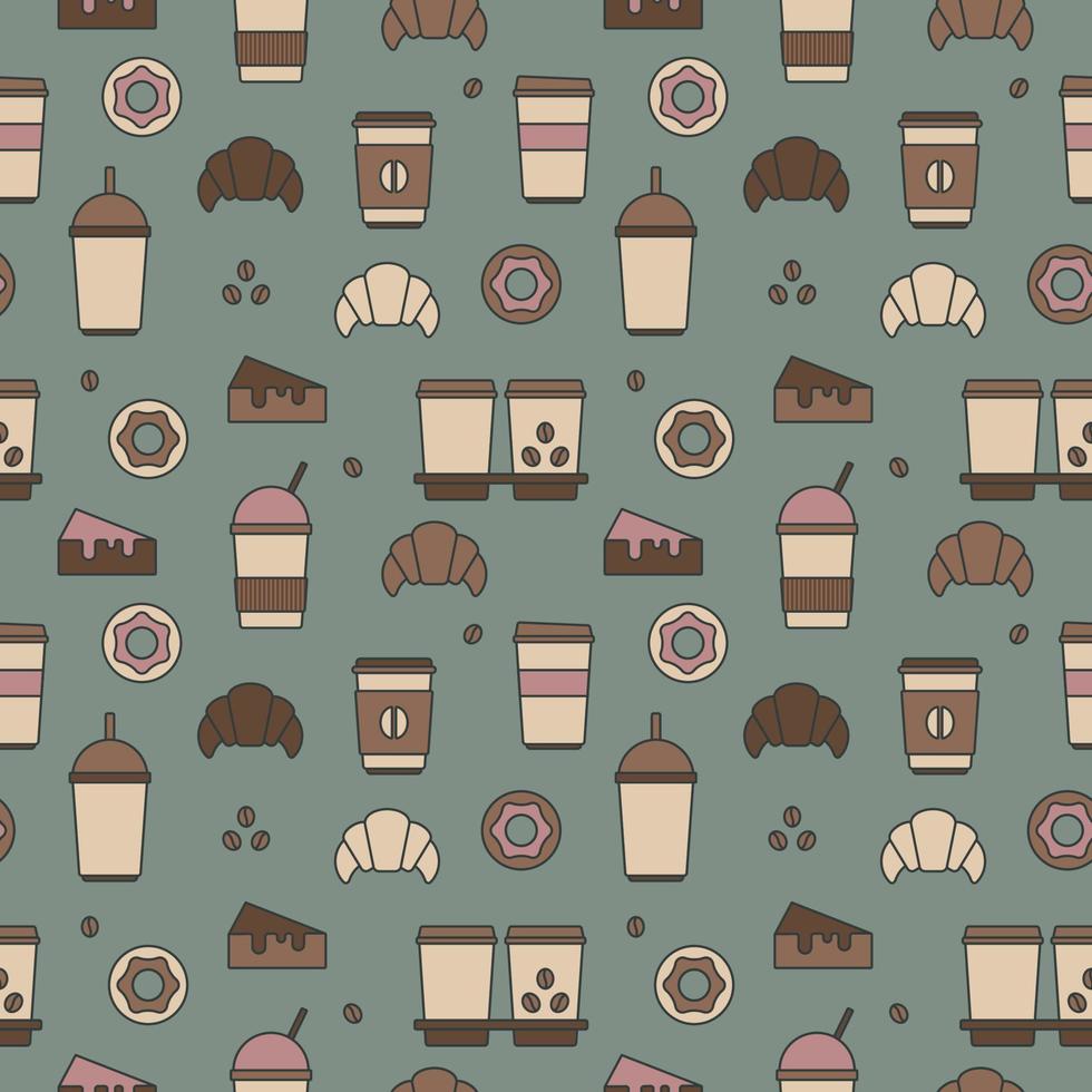Nahtlose Textur aus Kaffeetassen, Donuts und Croissants, Muster, abstrakter Hintergrund, Tapete vektor
