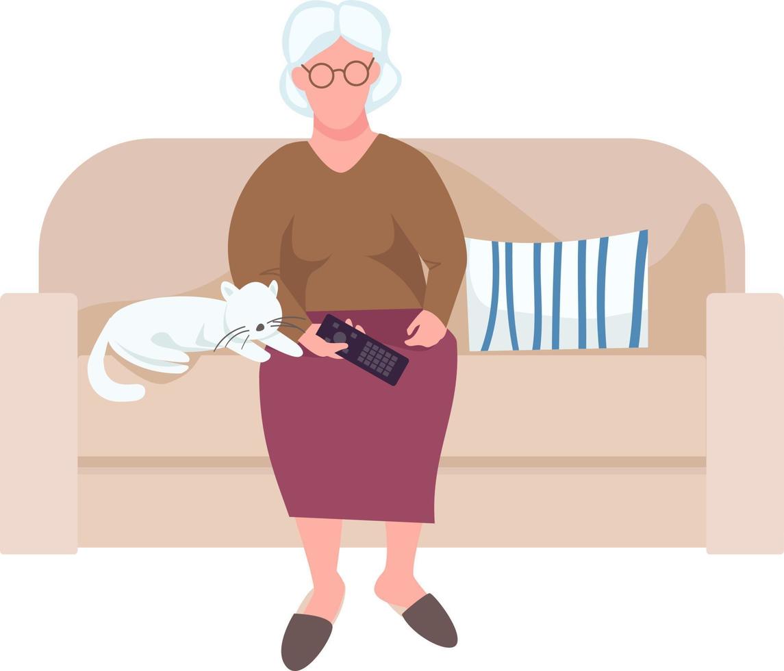 äldre kvinna tittar på tv semi platt färg vektor karaktär
