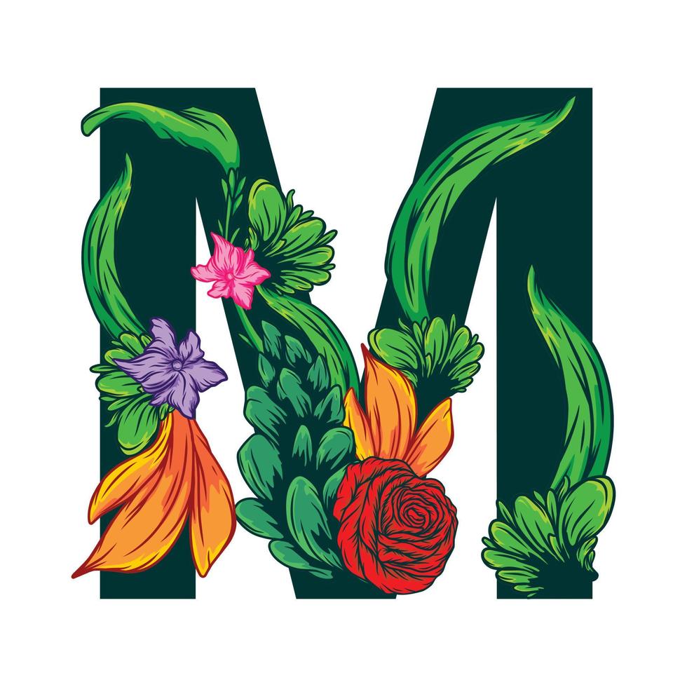 vektor av den stora bokstaven m med gröna blad och blommönster - grotesk stil.eps
