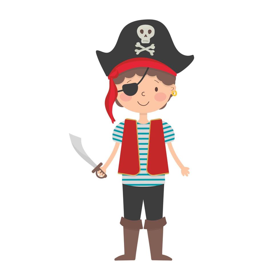 Cartoon lächelnder junger Piratenkapitän, mit einem Schwert in der Hand und einer Augenklappe. vektor