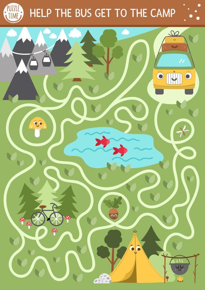 Sommercamp-Labyrinth für Kinder. aktive ferien vorschule druckbare aktivität. familienausflug in die natur, labyrinthspiel oder puzzle mit niedlichem kawaii-bus, der zum camp, zu den bergen und zum wald fährt vektor