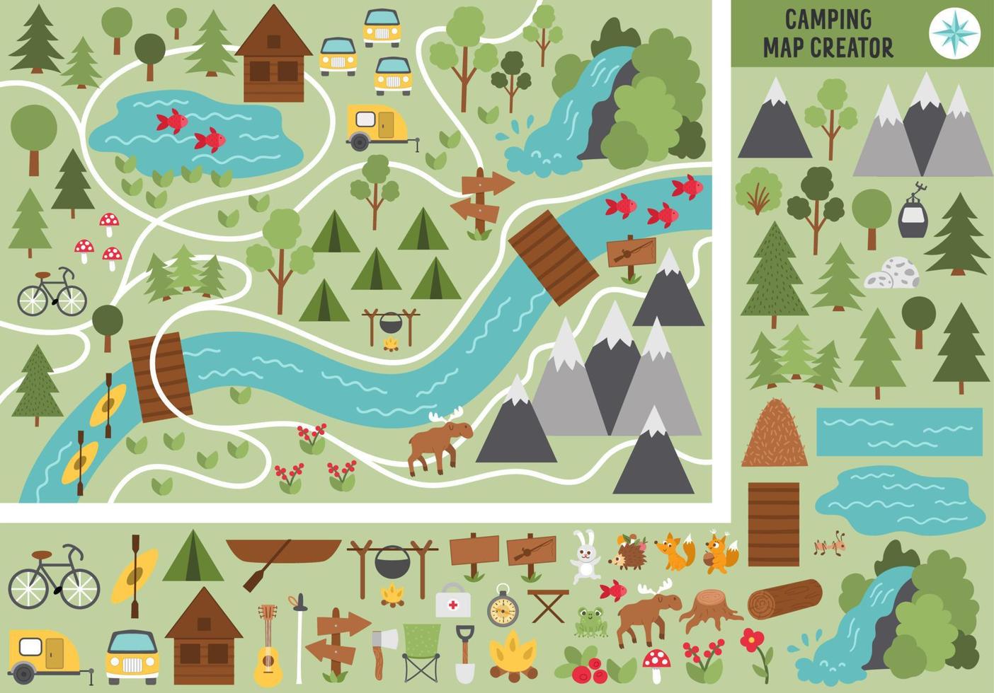 campingkarta skapare. uppsättning platta tecknade element för att bygga sommarläger aktivitet. vektor natur clipart med berg, vattenfall, träd, skogsdjur för vandring eller lägereld plan.