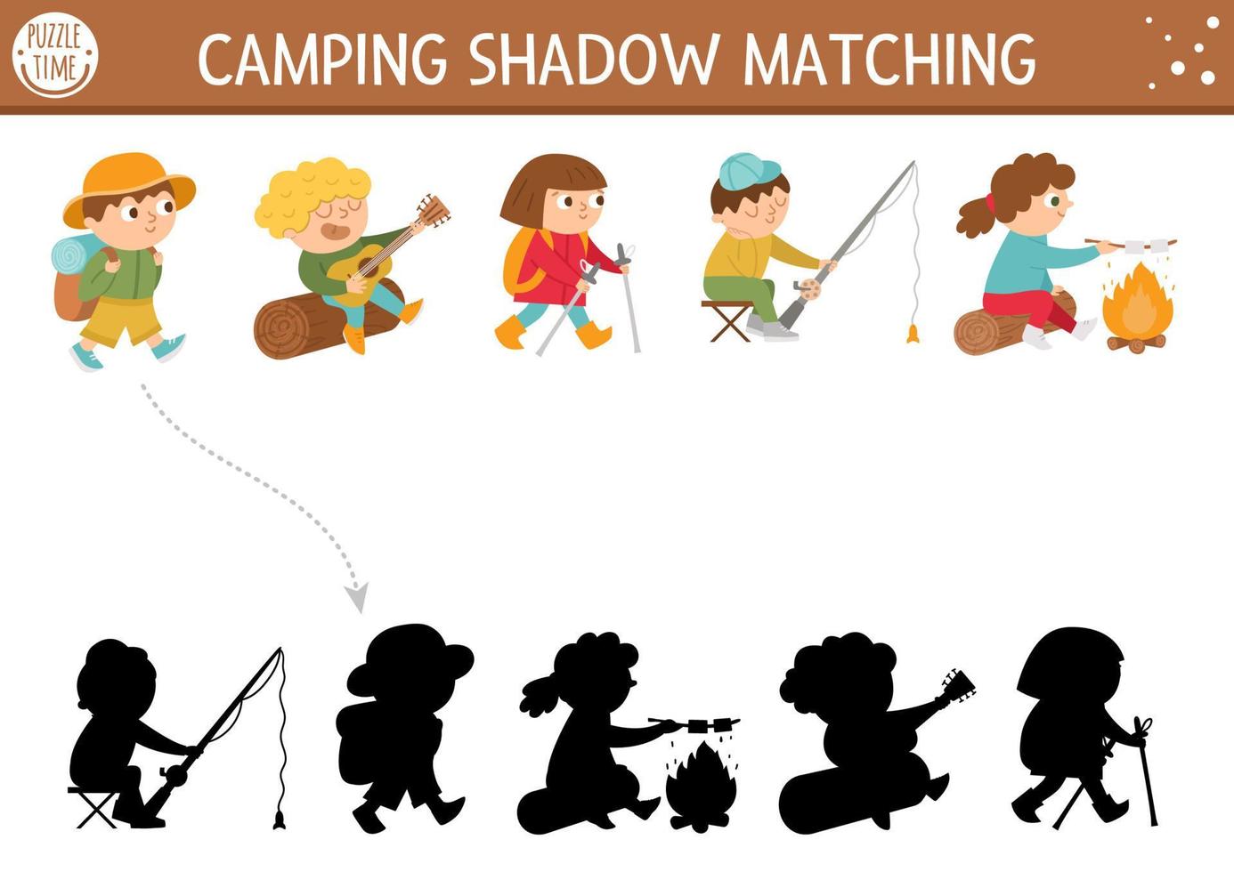 Sommercamp-Schattenanpassungsaktivität mit süßen Kindern. Familien-Naturreise-Puzzle mit Kindern, die angeln, wandern, Gitarre spielen. Finden Sie das richtige druckbare Arbeitsblatt oder Spiel. vektor