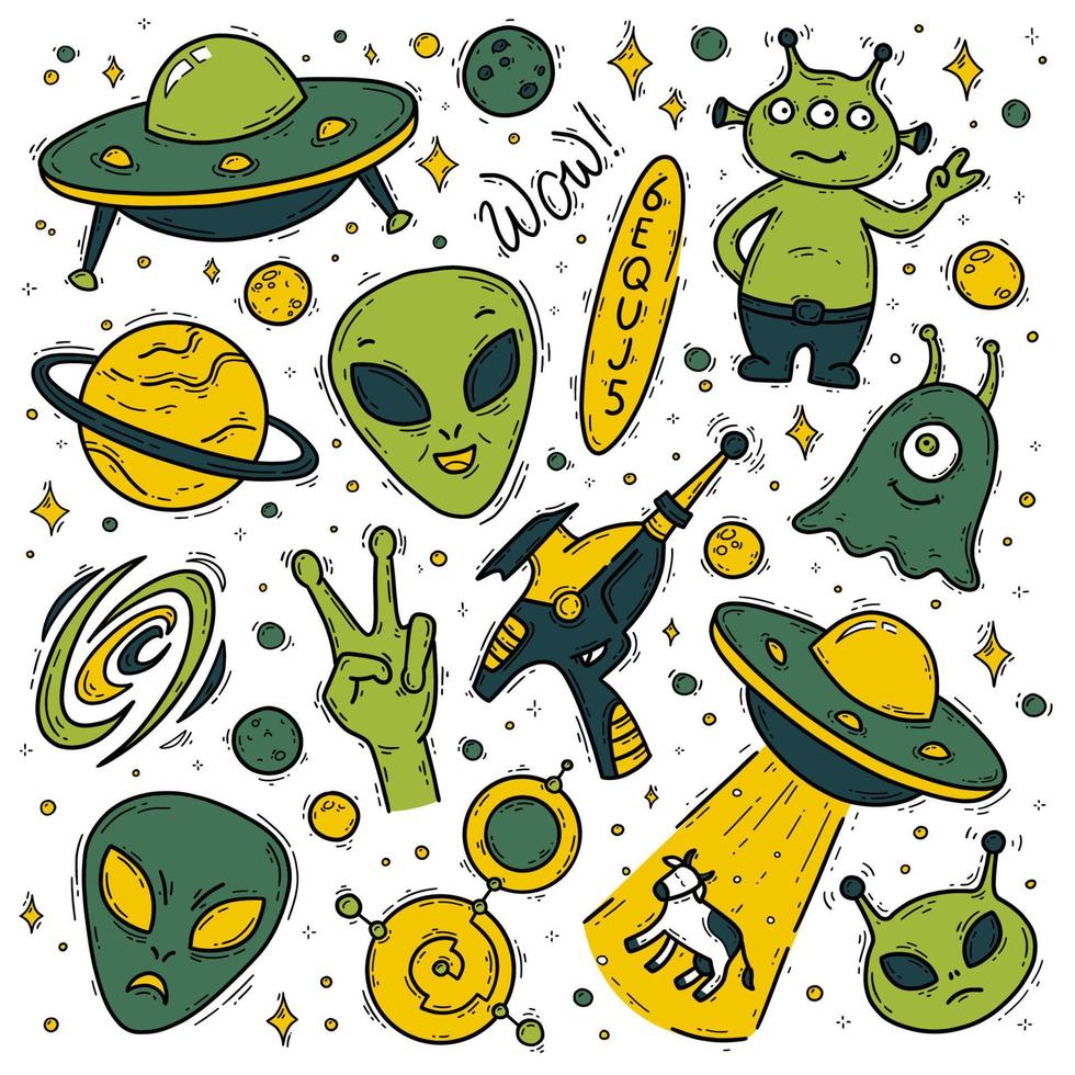 außerirdische, nicht identifizierte fliegende objekt-ufo-vektor-doodle-symbole gesetzt. lustige Cartoon-grüne und gelbe Kreaturen und Marsmenschen im Weltraum. Kuhentführung, Blasterpistole und Kornkreise auf weißem Hintergrund vektor