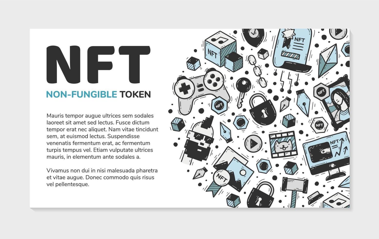 nft nicht fungible Token-Zielseite oder Banner mit Vektorsymbolen im Doodle-Stil. Kryptowährung und Blockchain-Technologie beim Kauf von Kunst, Gemälden, Musik und Videos. handgezeichneter Flyer. vektor