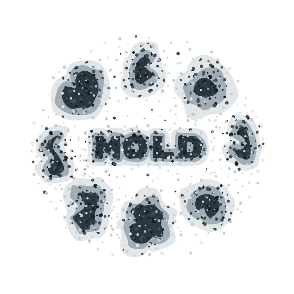 Flecken von schwarzem Schimmel auf weißem Hintergrund, die in einem Kreis angeordnet sind. Feuchtigkeit im Badezimmer. giftige Schimmelpilzsporen, Pilze und Bakterien sind eine Gefahr für die Gesundheit. Mittel zur Bekämpfung gefährlicher Pilze und Bakterien. vektor