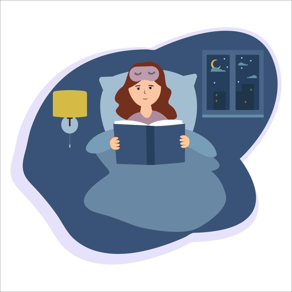 nattläsning.en tjej läser en bok innan läggdags. kvinna ligger i sängen på en kudde, täckt med en filt. vektor illustration