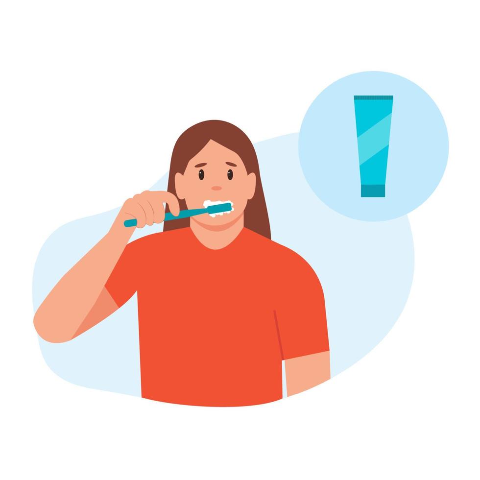 frau putzt zähne mit einer zahnbürste.konzept für mundhygiene und zahnbehandlungen. nette vektorillustration in der wohnung vektor