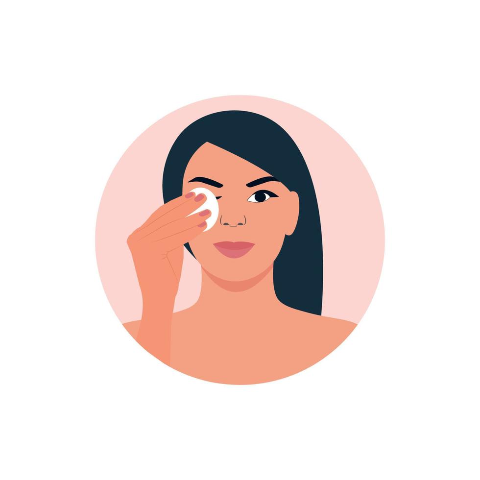 Eine schöne junge Frau entfernt ihr Make-up mit einem Wattepad. Mädchen reinigt und wischt Gesicht skin.vector Illustration. vektor