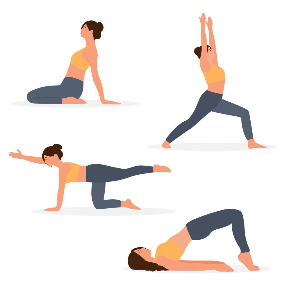 uppsättning yogaställningar för kvinnor. vektor illustration på vit bakgrund. kvinna i olika poser, asanas