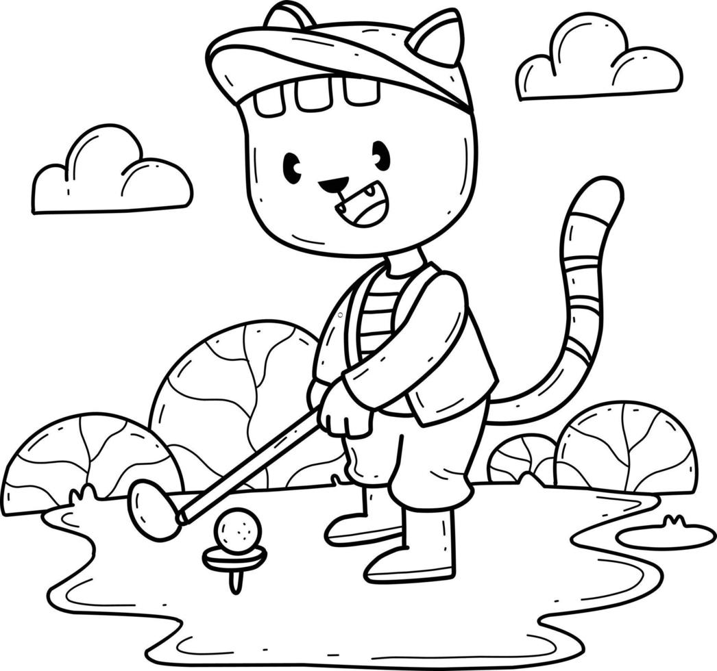 Cartoon-Katze-Golf-Malbuch. isoliert auf weißem Hintergrund. vektor
