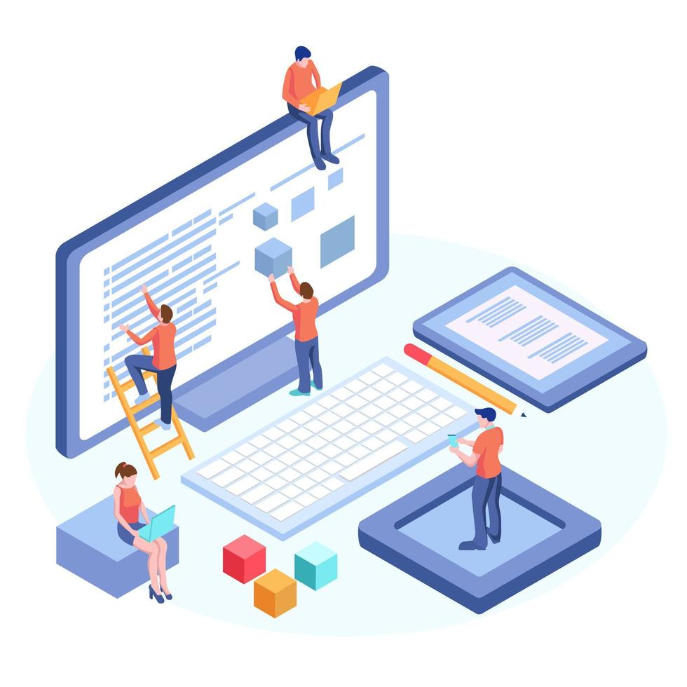 ingenjörsteam vid projektutveckling, mall för utvecklare. kodning utveckla, programmera vid dator eller arbetsstation för företag. koncept med karaktär, platt isometrisk vektorillustration vektor