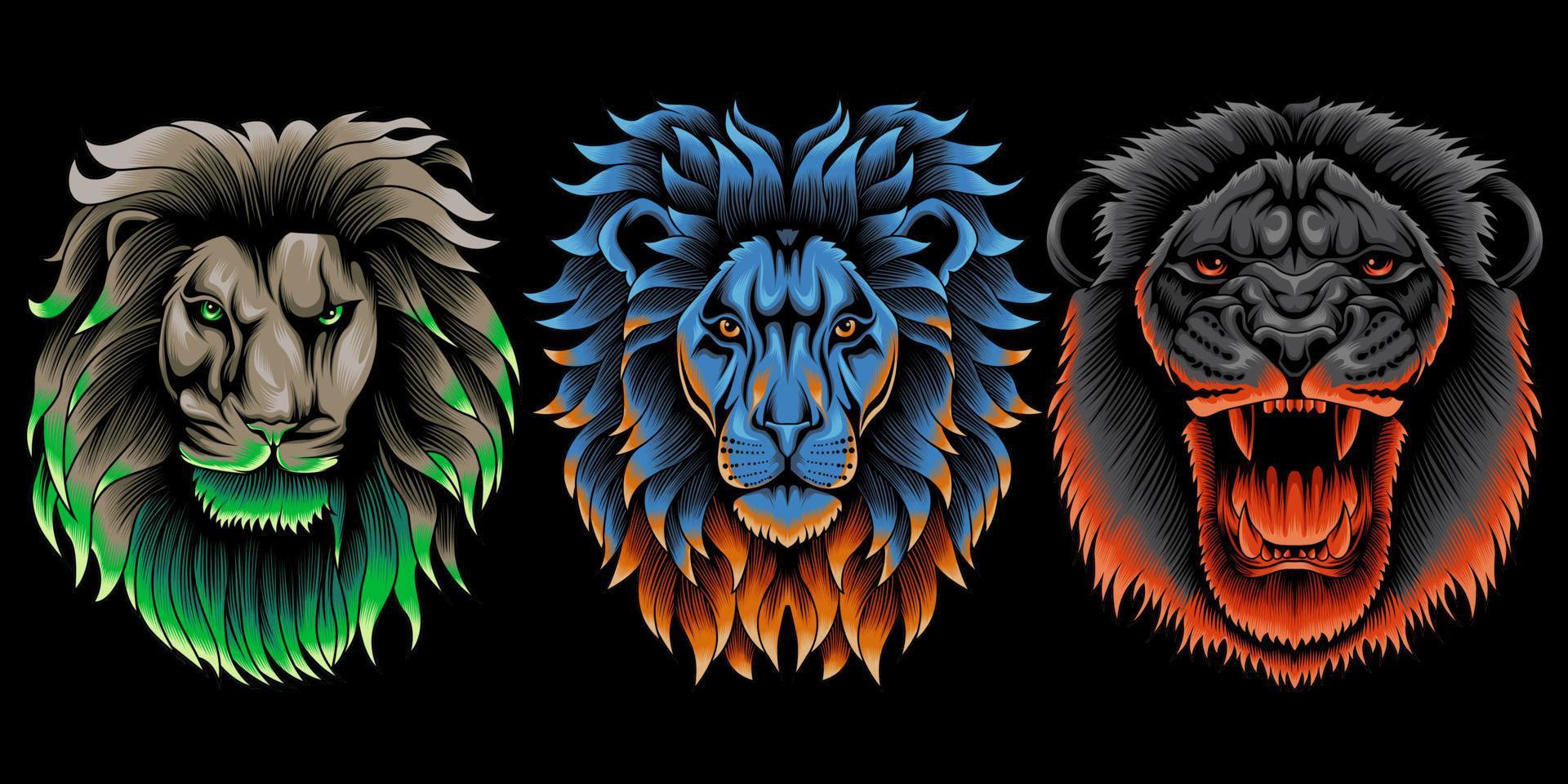 samling av lejonhuvud i neonfärgstil vektor