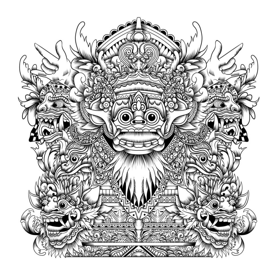 barong balinesisk mask tatuering stil i svart och vitt vektor