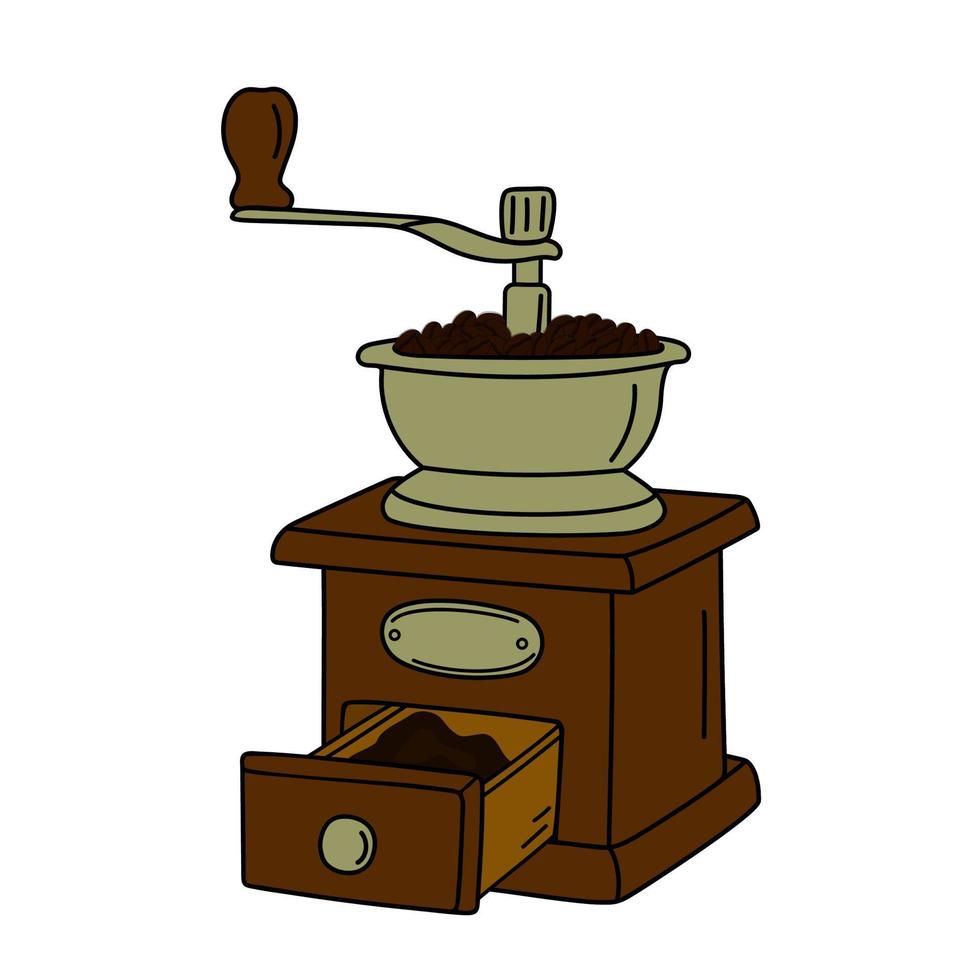 handritad vintage kaffekvarn med kaffebönor. vektor