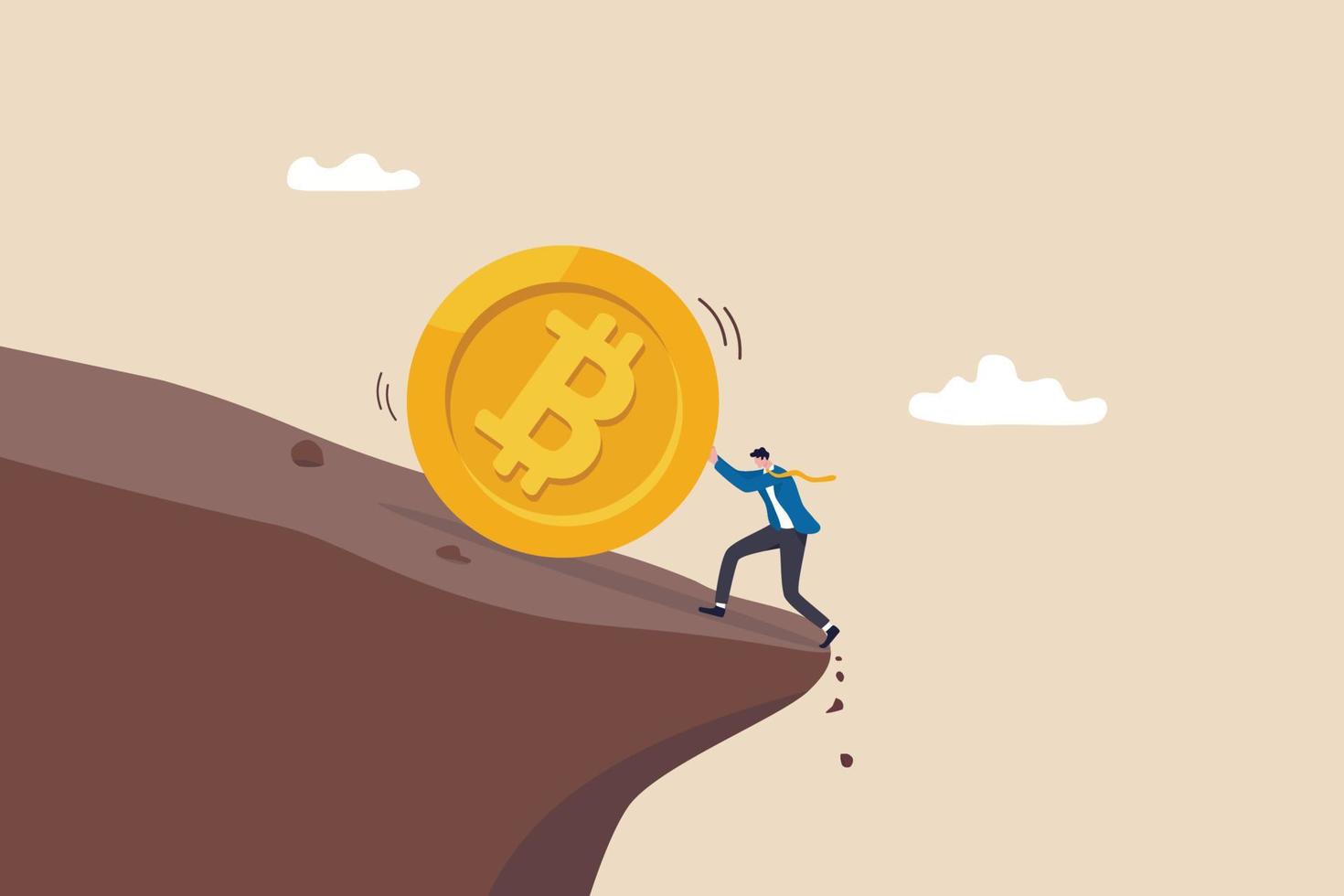 pressa bitcoin förhindrar att priset faller, kryptovalutorisk, fluktuationer eller volatilitet, kryptokris eller panikförsäljningskoncept, affärsmaninvesterare pressar bitcoin från att falla nerför klippan. vektor